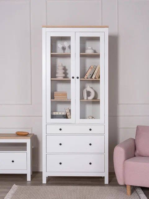 Шкаф Сага 90 с витриной, белый/ясень в Екатеринбурге - gold-germes.ru | фото