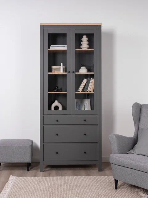 Шкаф Сага 90 с витриной, серый/ясень в Екатеринбурге - gold-germes.ru | фото