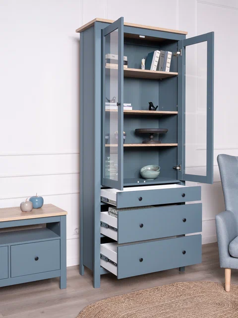 Шкаф Сага 90 с витриной, темно-бирюзовый/ясень в Екатеринбурге - gold-germes.ru | фото 2