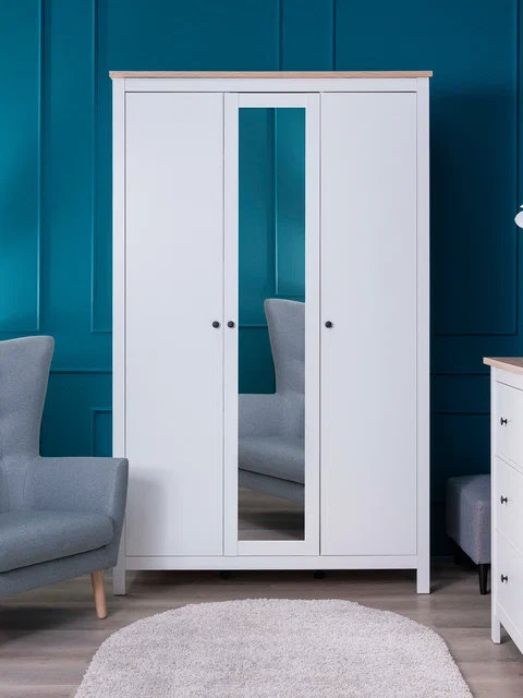 Шкаф распашной Сага, 3 двери с зеркалом, белый/ясень в Екатеринбурге - gold-germes.ru | фото