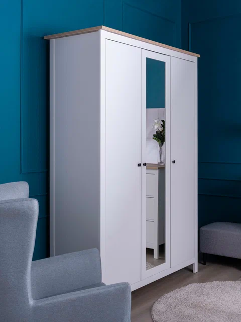 Шкаф распашной Сага, 3 двери с зеркалом, белый/ясень в Екатеринбурге - gold-germes.ru | фото 2