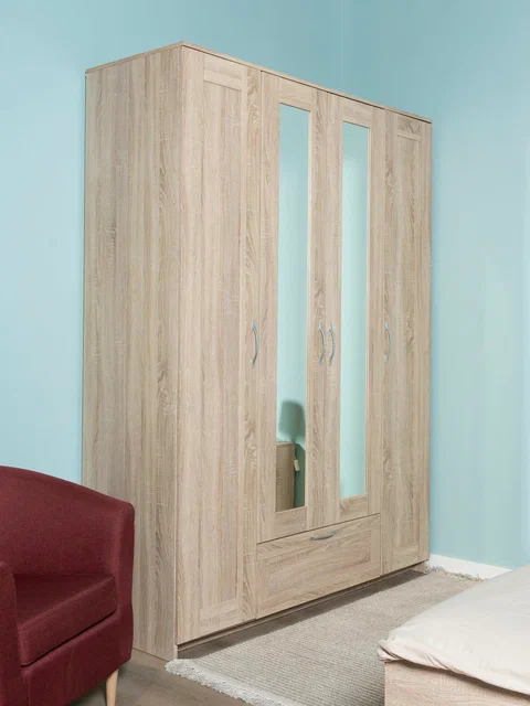 Шкаф Сириус 4-х дверный с ящиком и зеркалами высотой 220 см, дуб сонома в Екатеринбурге - gold-germes.ru | фото 2