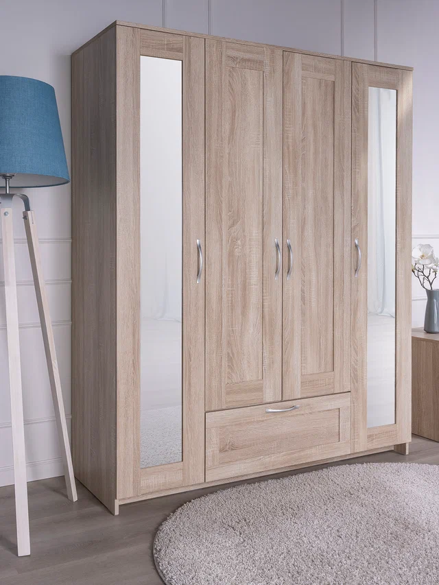 Шкаф Сириус 4-х дверный с ящиком и зеркалами высотой 190 см, дуб сонома в Екатеринбурге - gold-germes.ru | фото 2